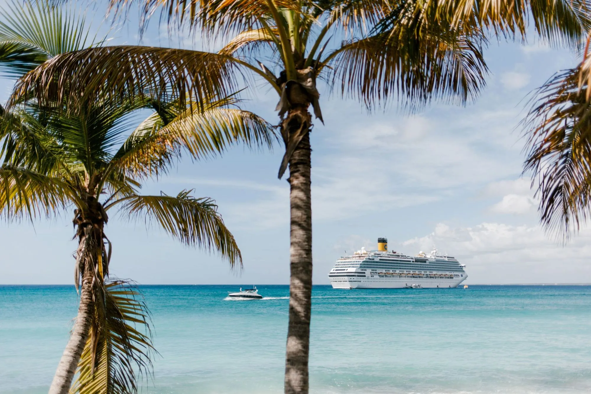 Palmeras en la playa, mar turquesa y un crucero en el horizonte